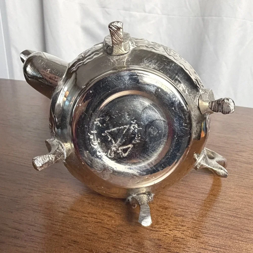 VTG Moroccan Silver Plate Teapot Repousse Footed Fez Style Wood Finial Signed
